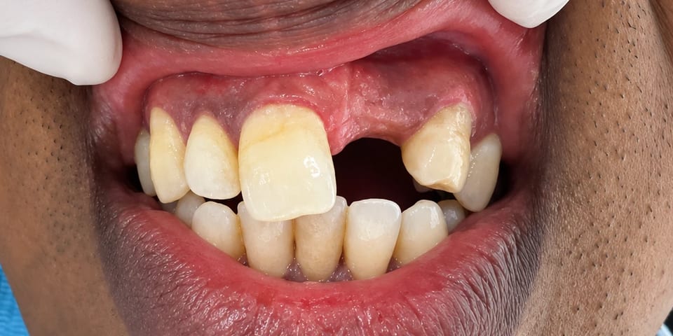 Before treatment: a missing front tooth beside a chipped one