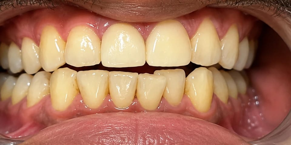 After treatment: the front tooth rebuilt and the space closed