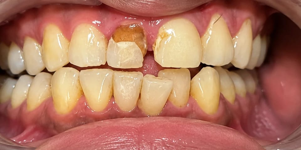 Before treatment: a broken, discoloured front tooth