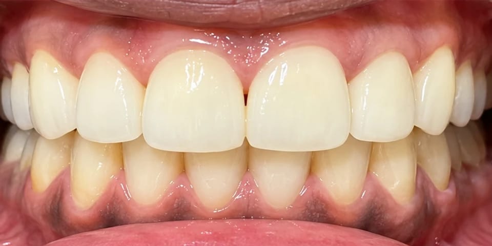 After treatment: fuller, even front teeth with the gap closed